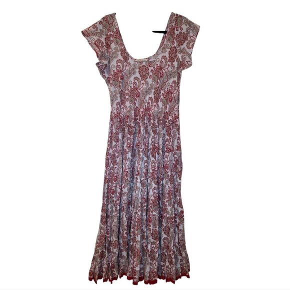 SOFT SURROUNDINGS Kara Dress Red Cream Paisley Tiered Maxi Dress Cap L Large - Picture 1 of 9